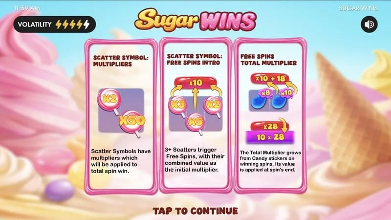 Sugar Wins – slotin päävalikko